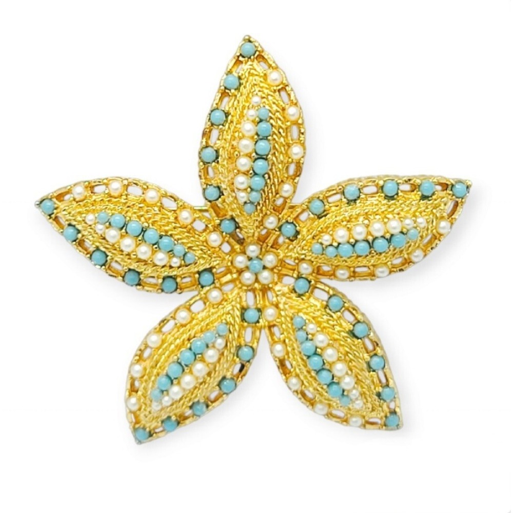 Vtg Sarah Coventry Gold Tone Faux Pearl & Turquoise Starfish Brooch Signed 2 1/4